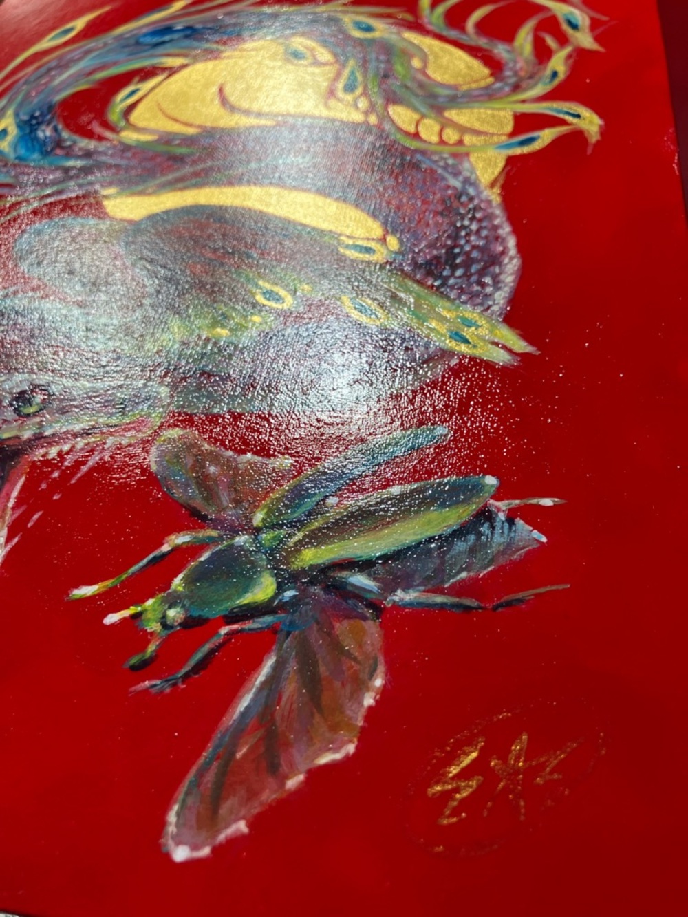 ORIGINAL Snake dragon painting scarab art beetle peacock serpent artwork - Picture 3 of 8